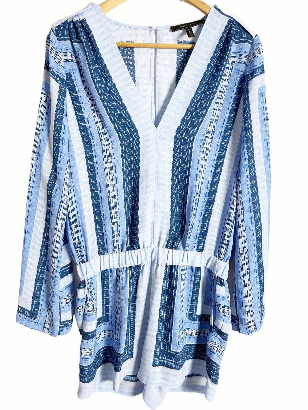 BCBGMaxAzria Blue Striped Print Long Sleeve V-Neck Romper Size XS